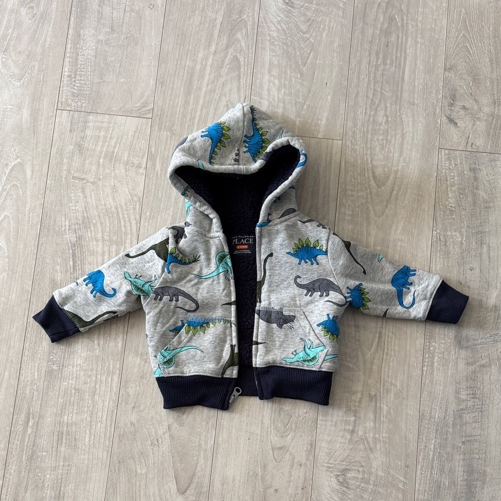 Kids The Children's Place Dino Print Hoodie - Gray and Blue Sherpa lined
